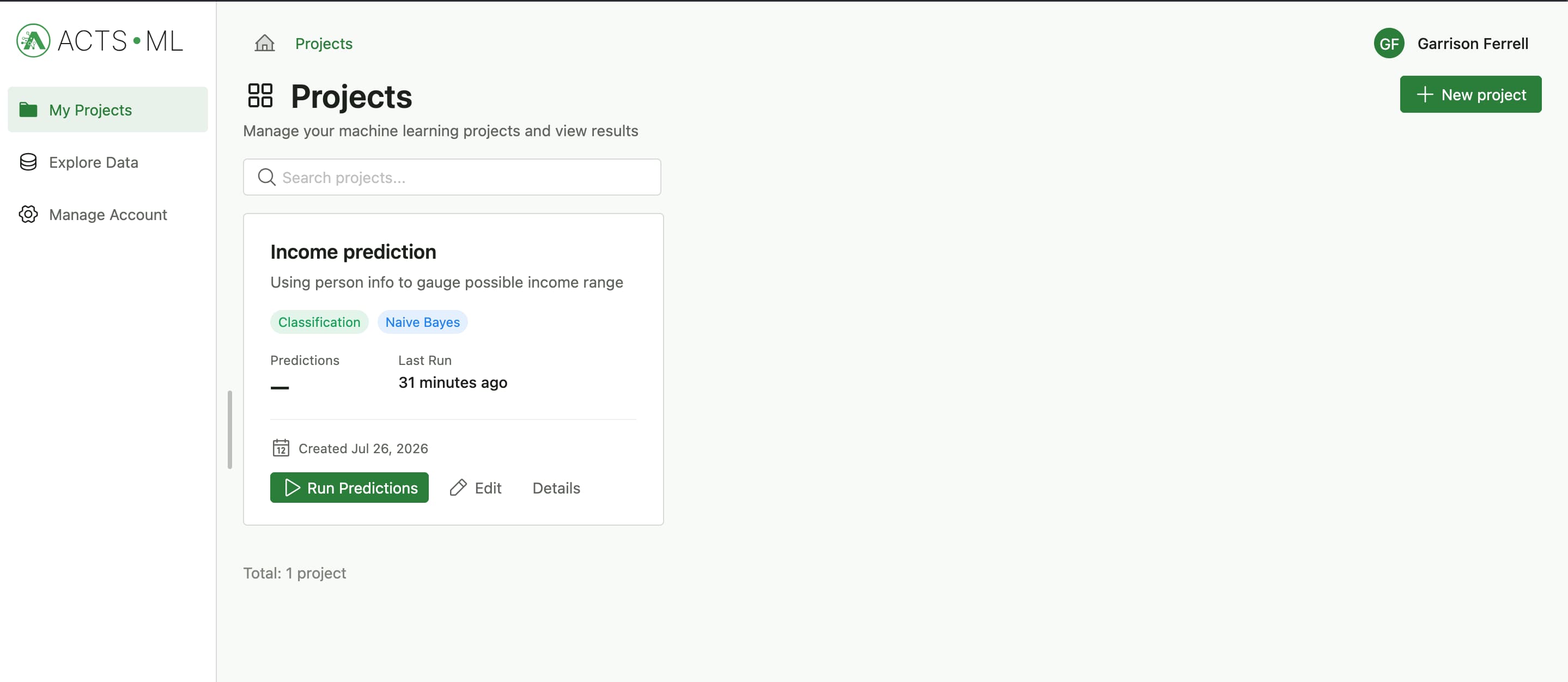 The ACTS ML projects dashboard